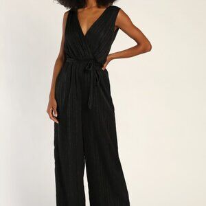 Lulus Chic Elegance Black Lurex Shadow Stripe Jumpsuit - Size S